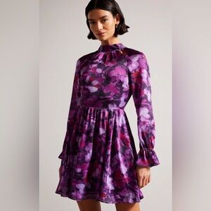 TED BAKER Sammieh Purple Floral Print high-neck fit and flare woven mini dress